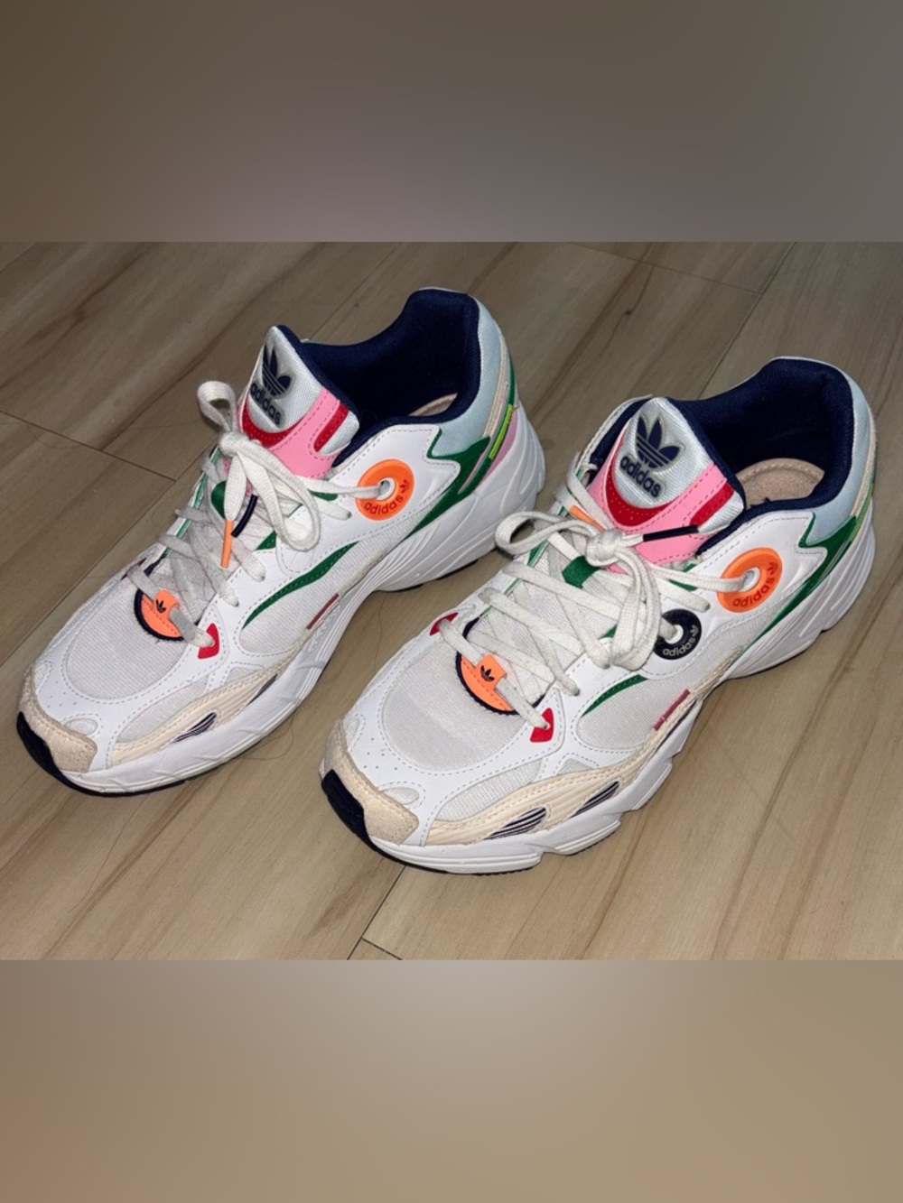 Adidas Women’s White Sneakers with Pink, Green, Orange & Navy Accents